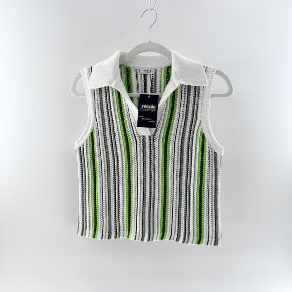 Akris Punto Cotton Striped Sleeveless Collared Knit Polo Sweater White Green S